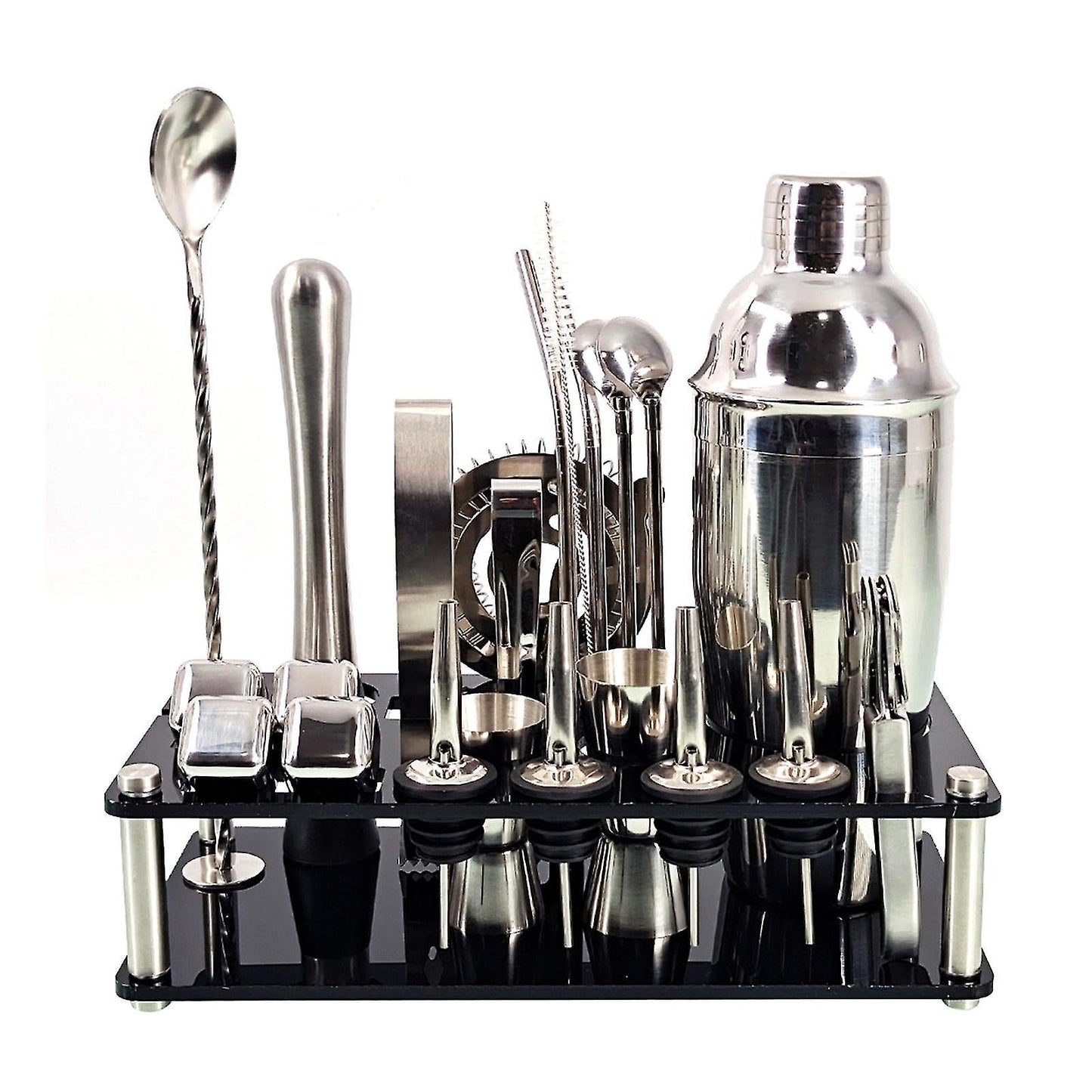 Kit Barkeeper 23 pezzi | Set shaker per cocktail in acciaio inox con supporto in bambù | Accessori professionali per bar