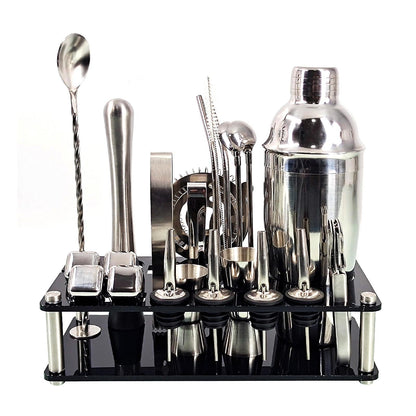 Kit Barkeeper 23 pezzi | Set shaker per cocktail in acciaio inox con supporto in bambù | Accessori professionali per bar
