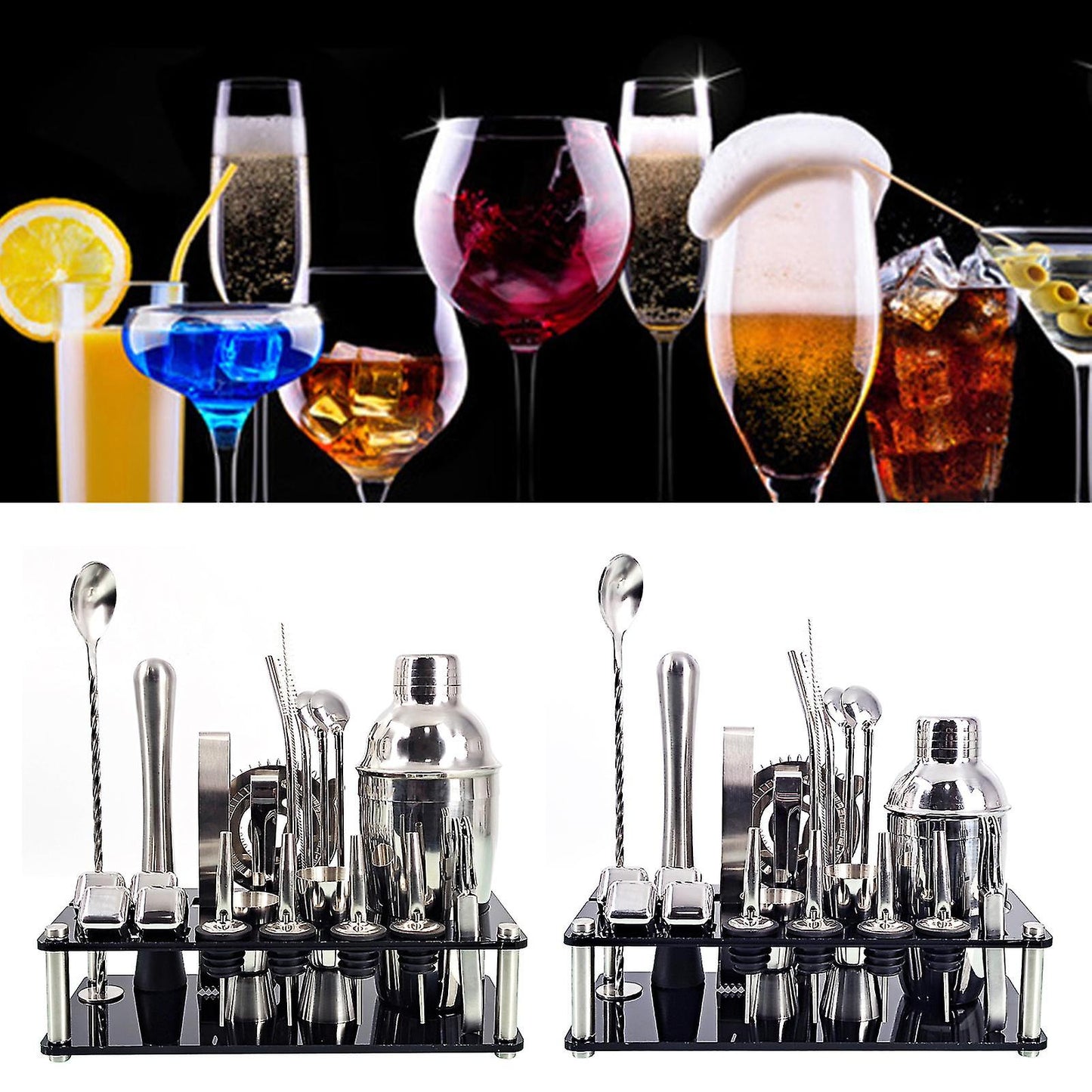 Kit Barkeeper 23 pezzi | Set shaker per cocktail in acciaio inox con supporto in bambù | Accessori professionali per bar