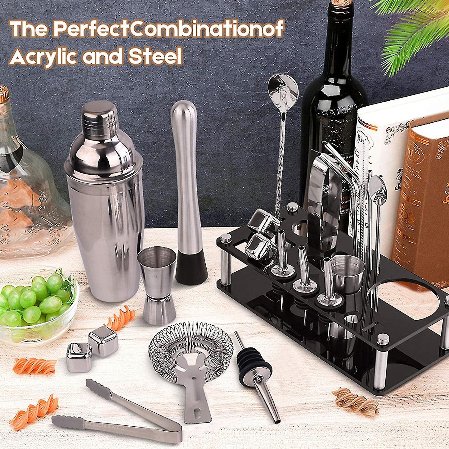 Kit Barkeeper 23 pezzi | Set shaker per cocktail in acciaio inox con supporto in bambù | Accessori professionali per bar
