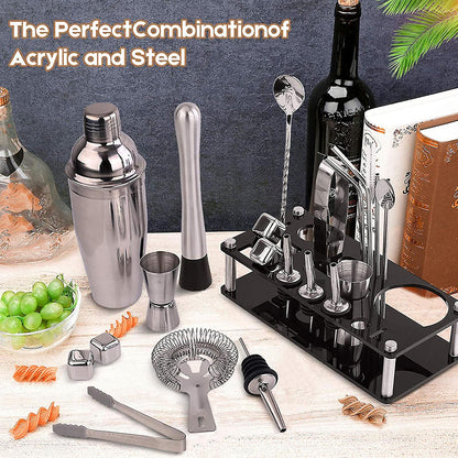 Kit Barkeeper 23 pezzi | Set shaker per cocktail in acciaio inox con supporto in bambù | Accessori professionali per bar