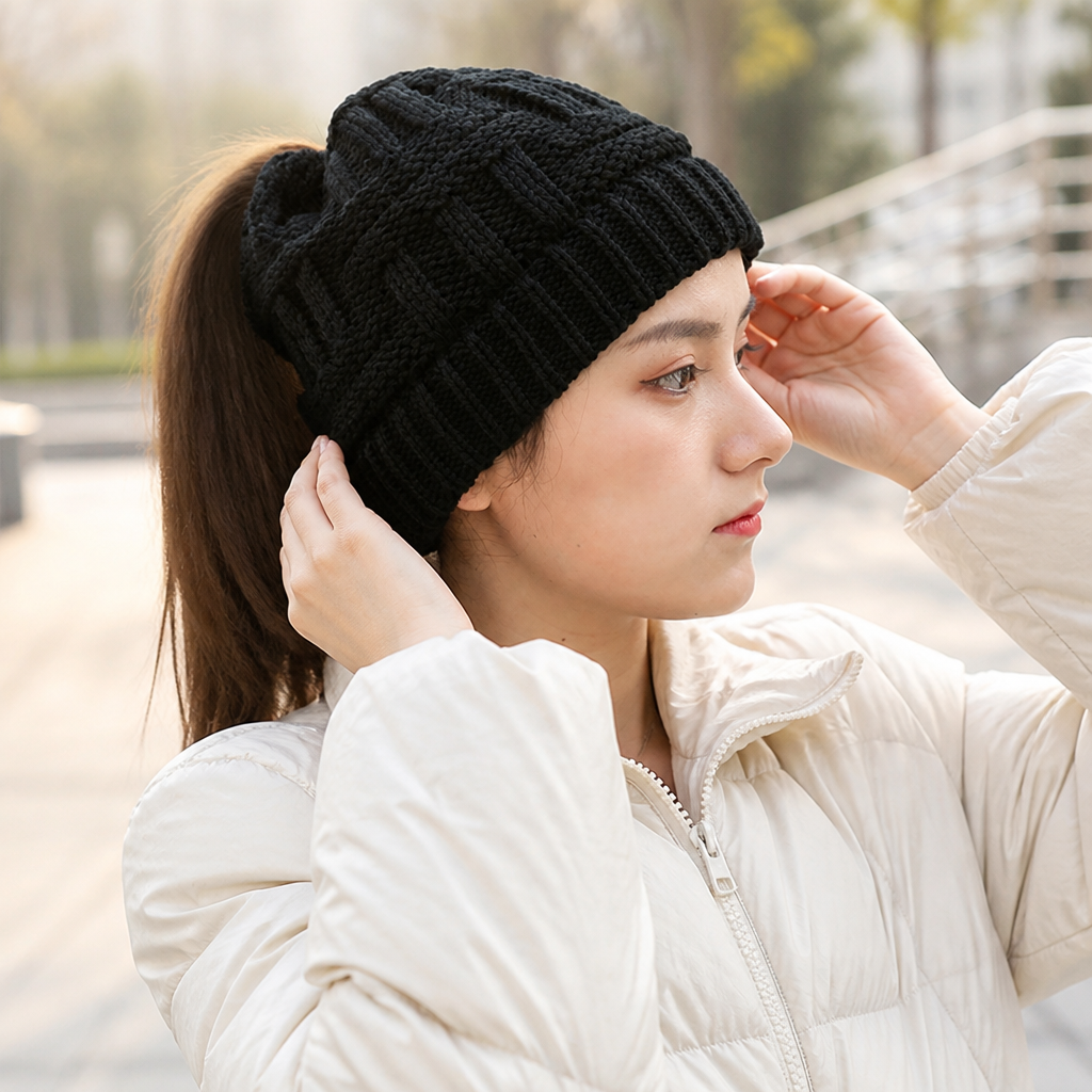 FrostFaden | Ponytail Beanie in Soft Acrylic Knit with Stretch Fit