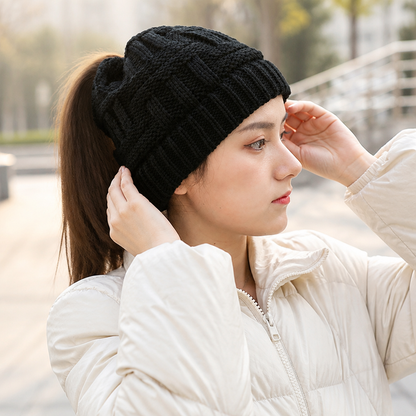FrostFaden | Ponytail Beanie in Soft Acrylic Knit with Stretch Fit