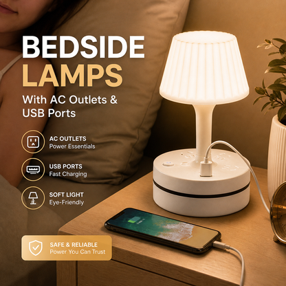 Lumessa | Nachttischlampe mit Steckdosen, USB und USB-C Ladeanschluss