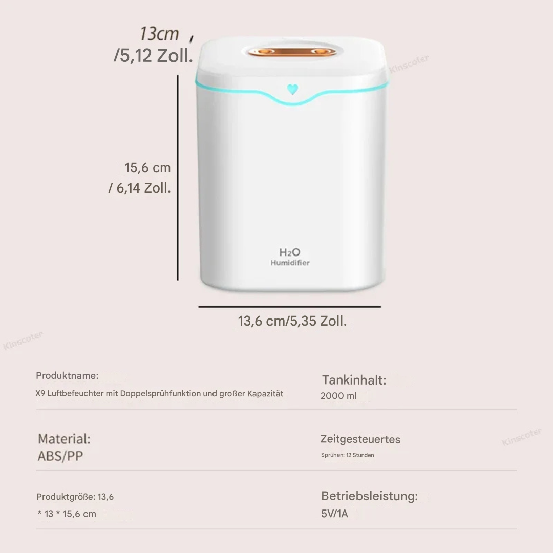 Umidificatore ad ultrasuoni 2L con doppio spray & luce notturna – Umidificatore d’aria 2000ml