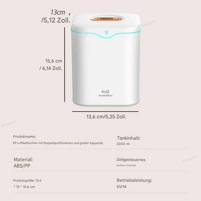 Umidificatore ad ultrasuoni 2L con doppio spray & luce notturna – Umidificatore d’aria 2000ml
