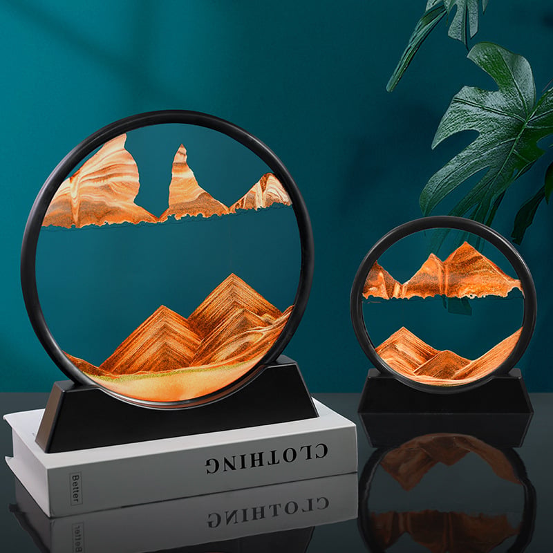 Dunvia | Bewegtes Sandbild im Glasrahmen als Dekoration für Schreibtisch und Regal