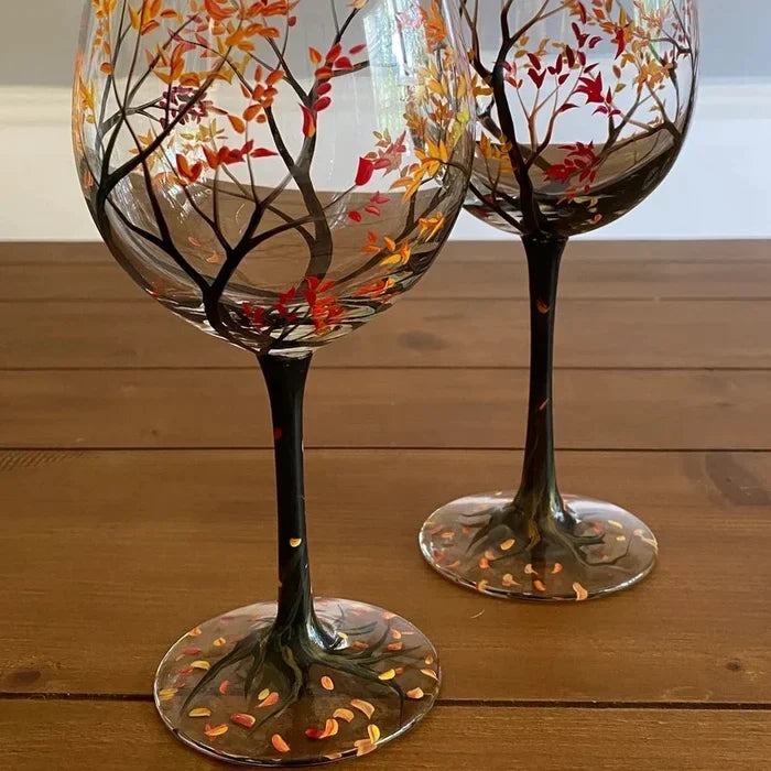 Saisora | Handbemalte Weingläser 4er-Set mit Vier-Jahreszeiten-Baummotiven