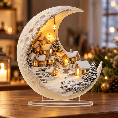 Lunivra | Adorno de pueblo invernal de acrílico, luna creciente 20 × 17 cm