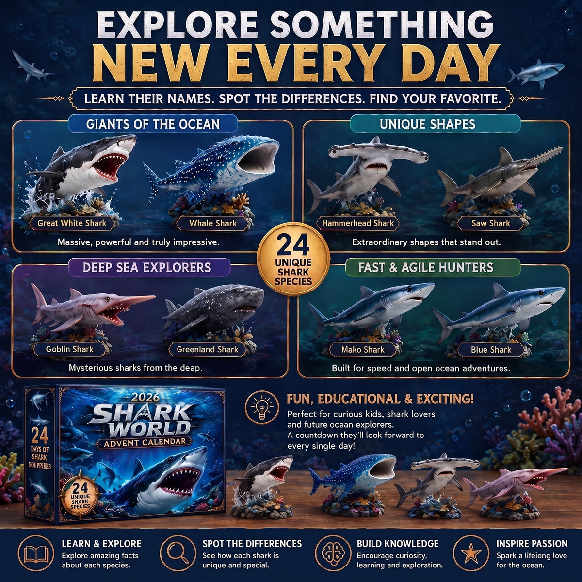 Haifina | 2026 Advent Calendar with 24 Collectible and Playable Shark Figures