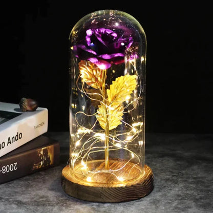Rosalune | Ewige Rose im Glasdom mit warmweißem LED-Licht und Holzsockel