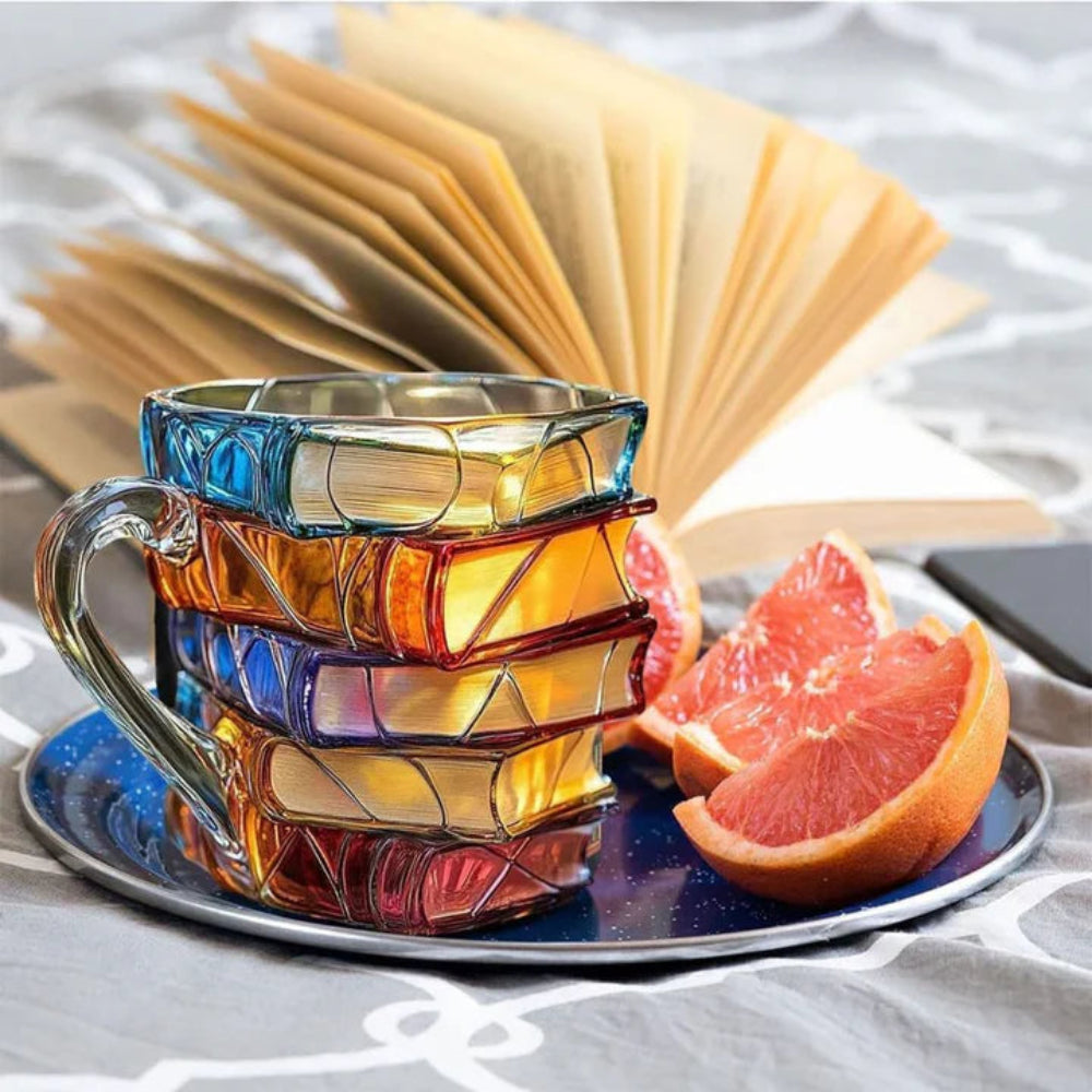 Leselia | Bicchiere in vetro a forma di pila di libri con manico, per caffè e tè