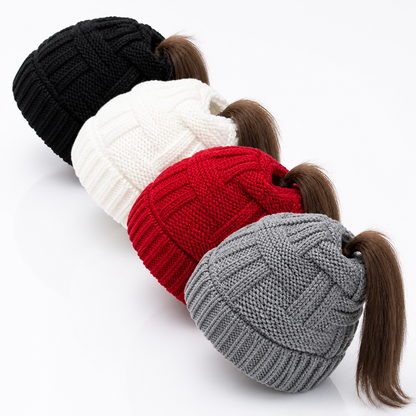 FrostFaden | Ponytail Beanie in Soft Acrylic Knit with Stretch Fit