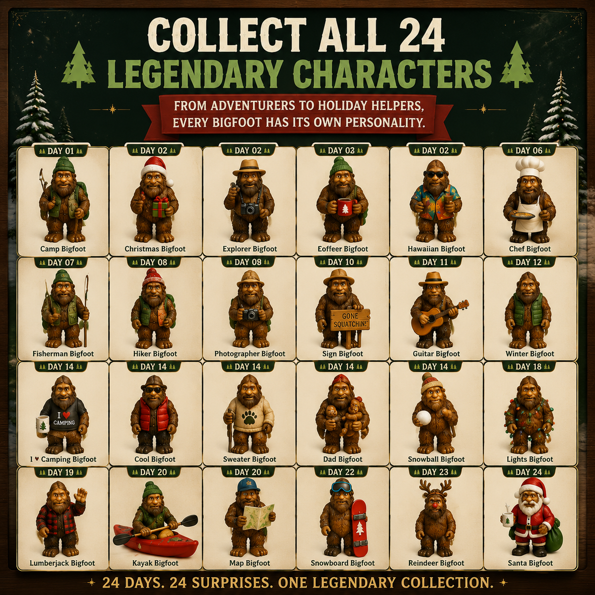 Bergolo | Advent Calendar with 24 Collectible Bigfoot Figures to Display