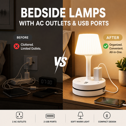 Lumessa | Nachttischlampe mit Steckdosen, USB und USB-C Ladeanschluss