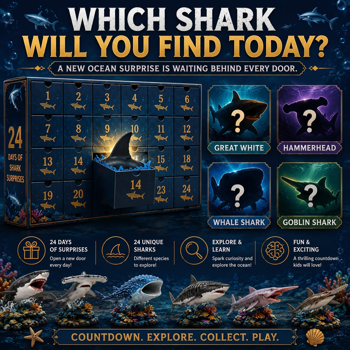Haifina | 2026 Advent Calendar with 24 Collectible and Playable Shark Figures