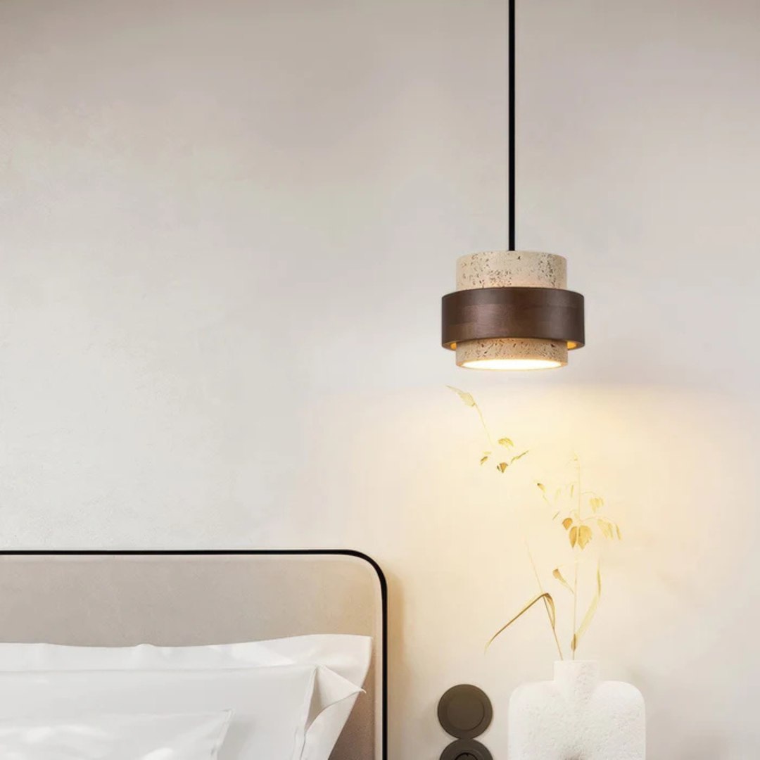 Vira Sabi | Lampada a sospensione in travertino e legno in stile Wabi-Sabi