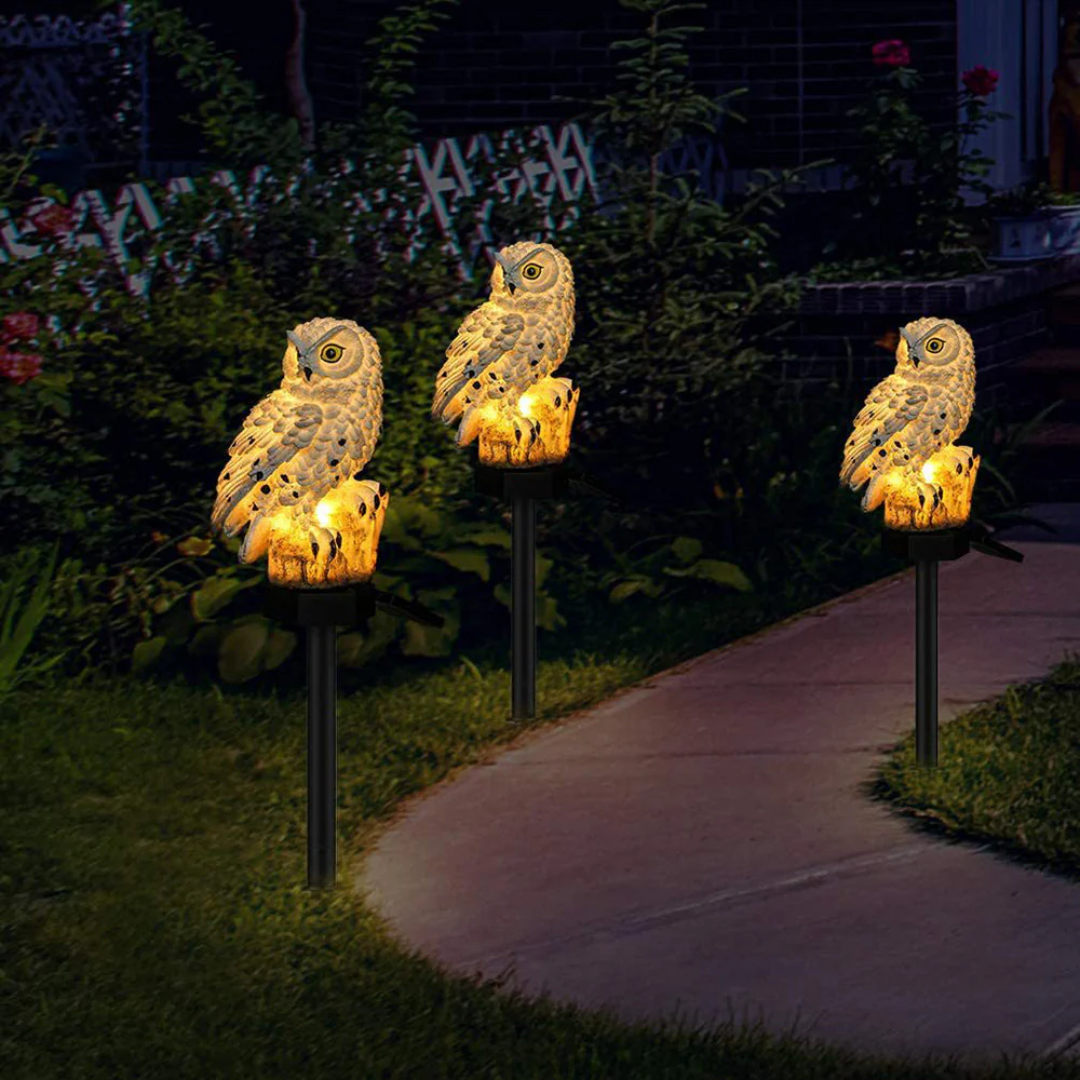 Lampada solare decorativa a forma di gufo per giardino e terrazza
