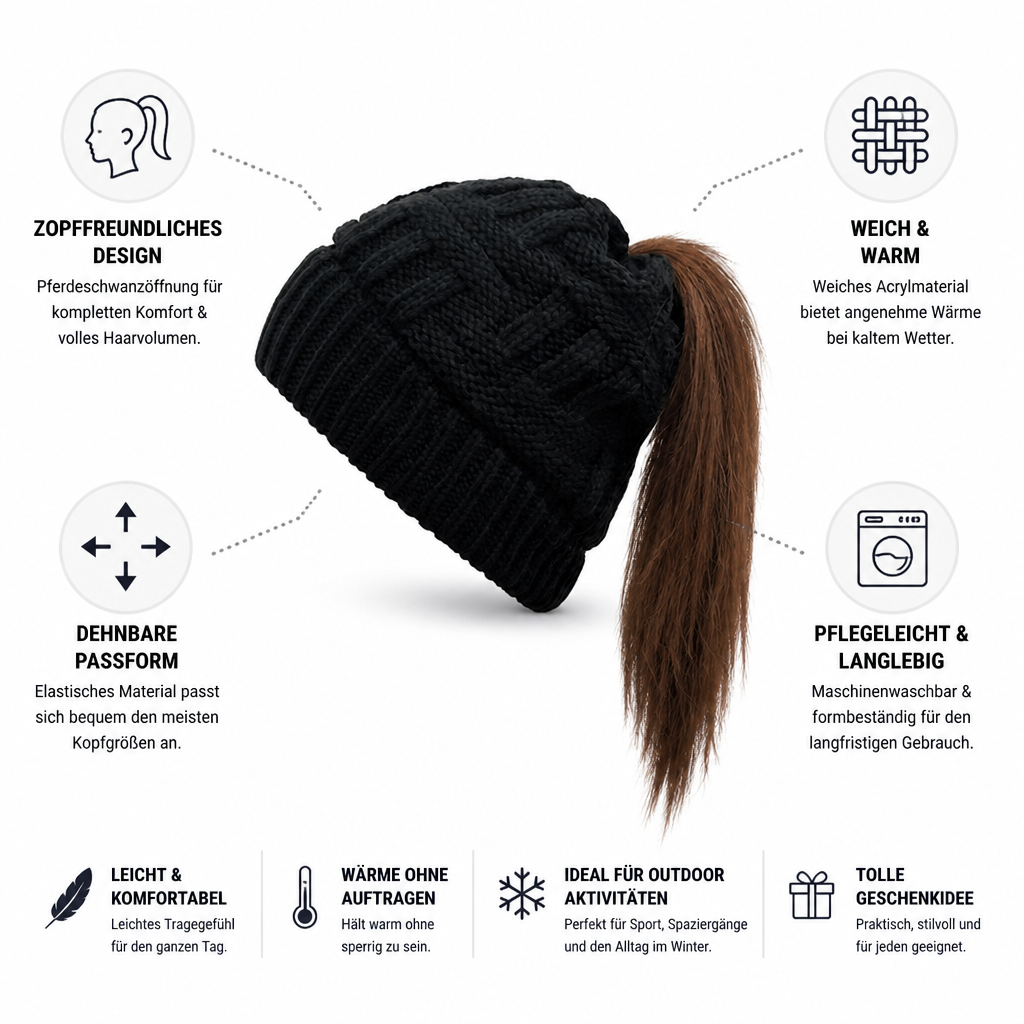 FrostFaden | Ponytail Beanie in Soft Acrylic Knit with Stretch Fit