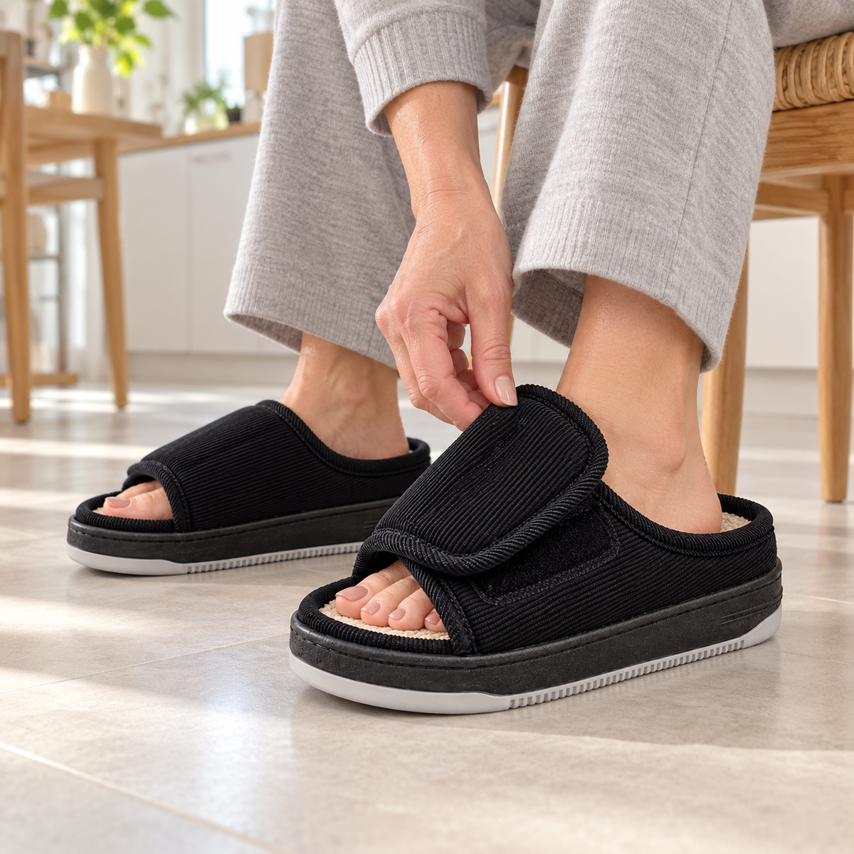 Cordino | Pantofole extra larghe in velluto a coste con chiusura in velcro e soletta imbottita