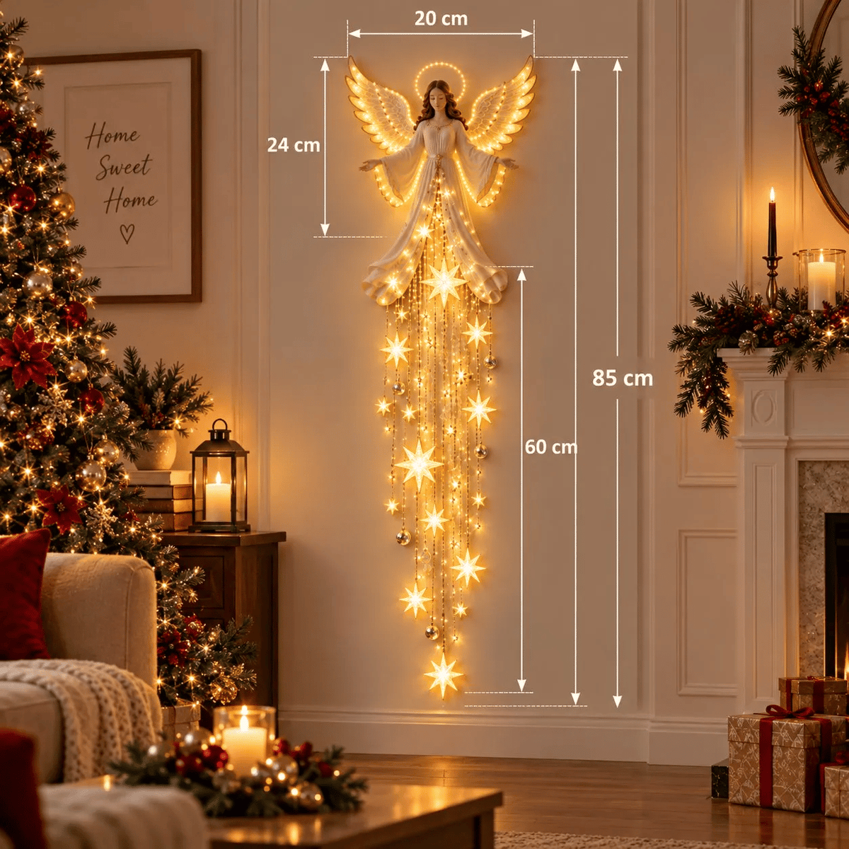 Stellane | LED Engel Wanddeko mit herabfallenden Sternenlichtern, 85 cm