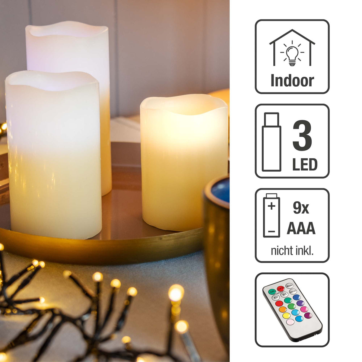 Chromira | LED Kerzen 3er Set mit Farbwechsel, Fernbedienung und Timer