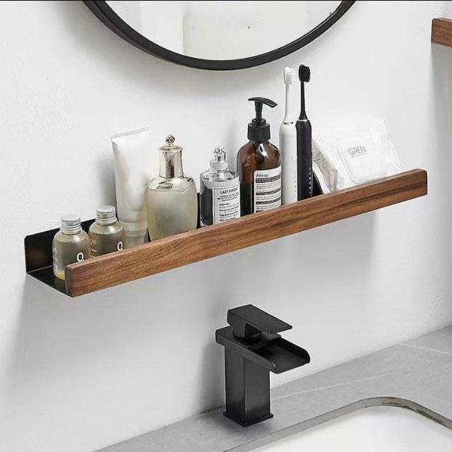 Tavoro | Estante de pared para baño sin taladrar, de madera maciza y autoadhesivo
