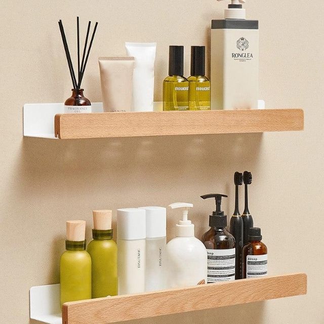 Tavoro | Estante de pared para baño sin taladrar, de madera maciza y autoadhesivo