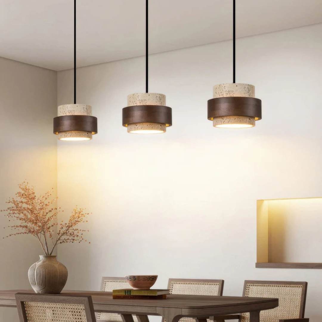 Vira Sabi | Lampada a sospensione in travertino e legno in stile Wabi-Sabi