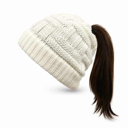 FrostFaden | Ponytail Beanie in Soft Acrylic Knit with Stretch Fit