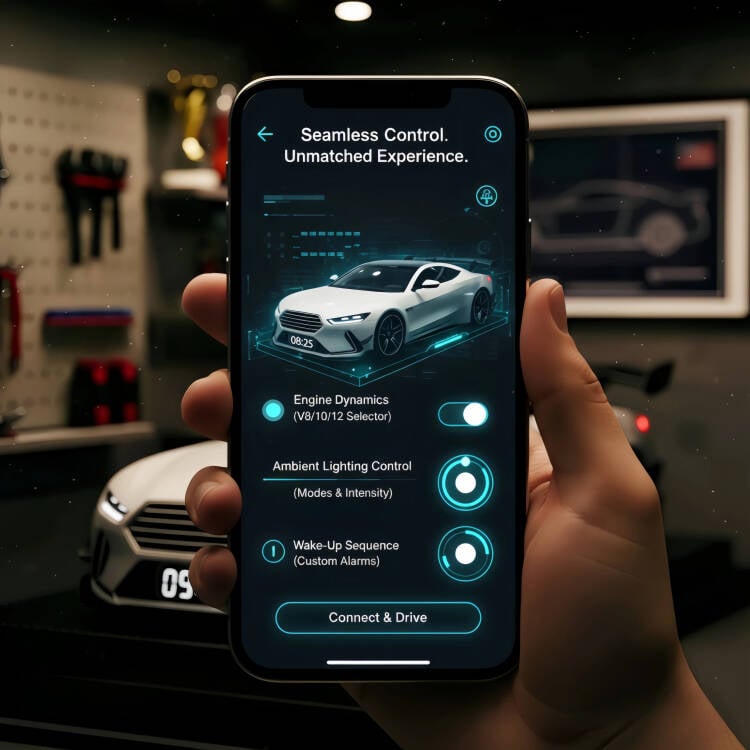 Vroomera | Wecker in Sportwagen-Optik mit Motorsound, LED-Anzeige und Nebeleffekt