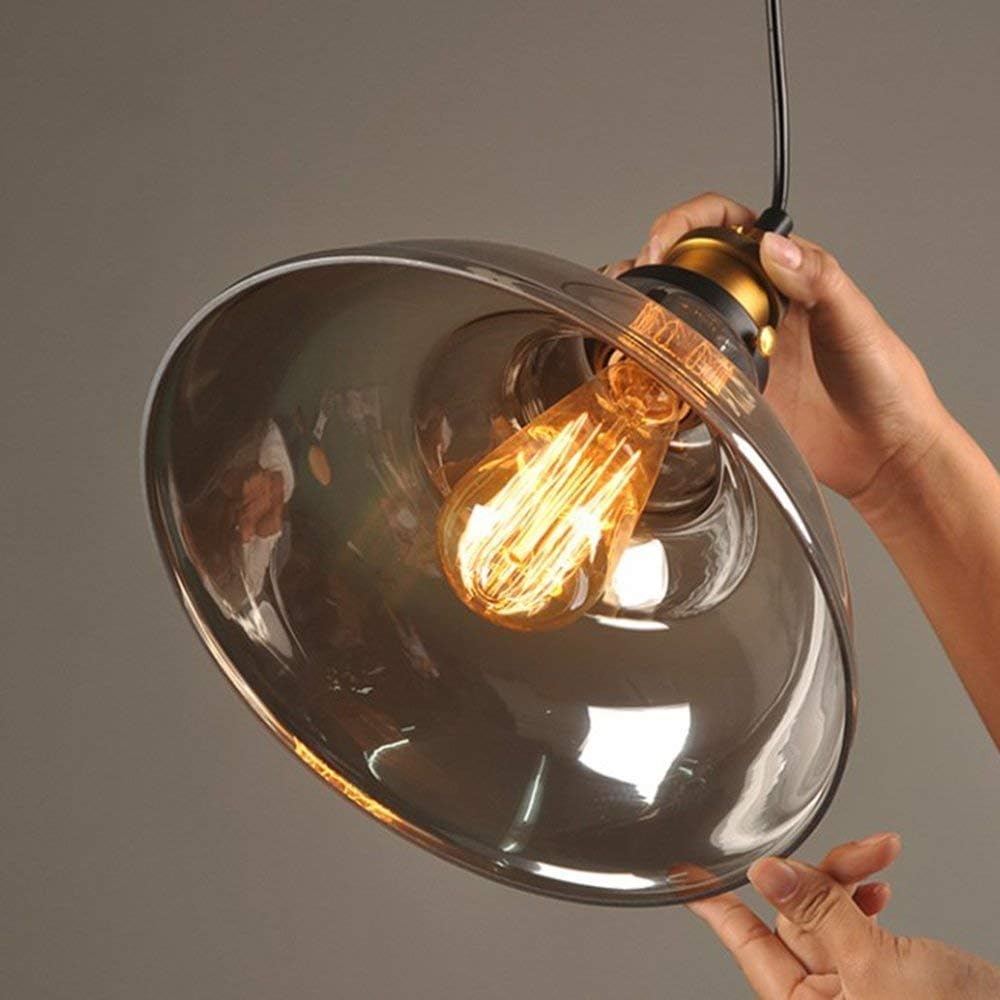 Lampada a sospensione retro Elliot – Lampada a sospensione vintage con paralume in vetro grigio fumo