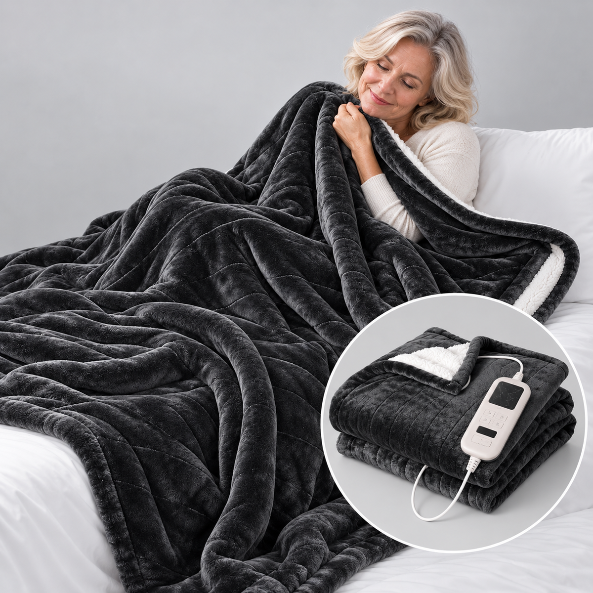 Flanora | Heizdecke aus Flanell und Sherpa mit Fernbedienung und Timer