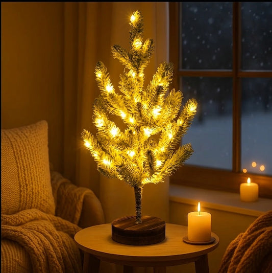 Frosted Winterbaum | Künstlicher Weihnachtsbaum mit Warmweißen LED-Lichtern | Dekobaum 55 cm mit Schneeeffekt