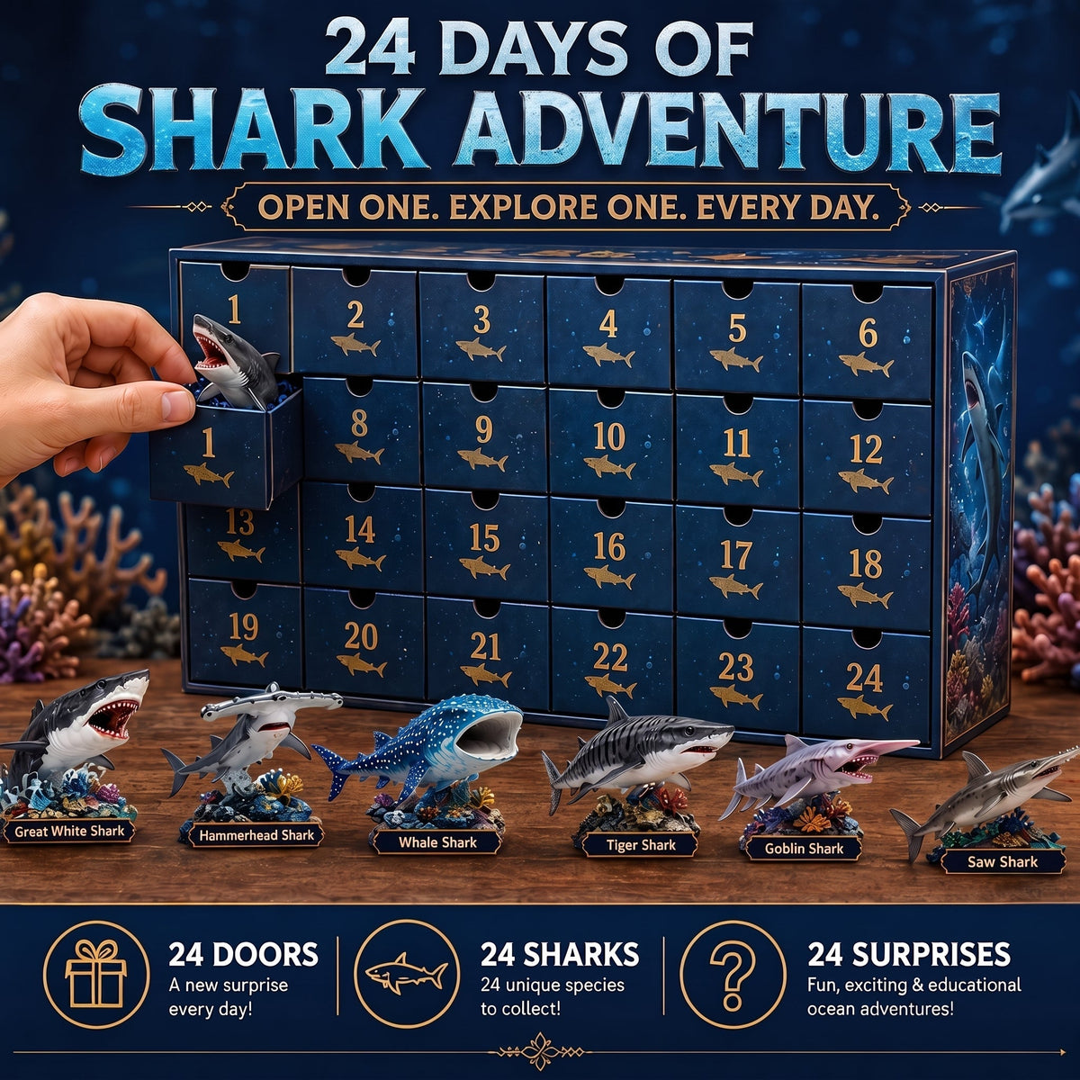 Haifina | 2026 Advent Calendar with 24 Collectible and Playable Shark Figures