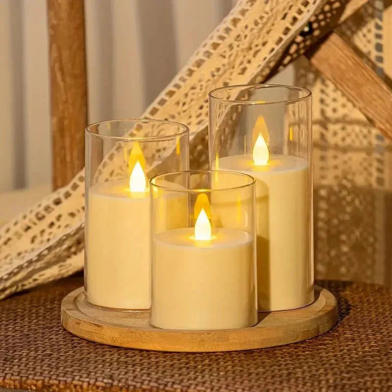 Glasmira | LED Kerzen im Glas, 3er Set stufenlos dimmbar mit Timer