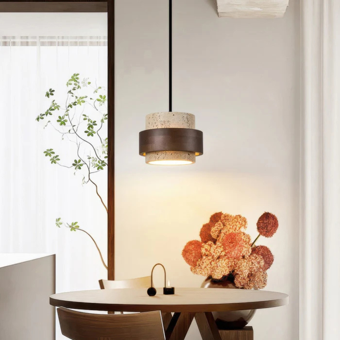 Vira Sabi | Lampada a sospensione in travertino e legno in stile Wabi-Sabi
