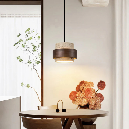 Vira Sabi | Lampada a sospensione in travertino e legno in stile Wabi-Sabi