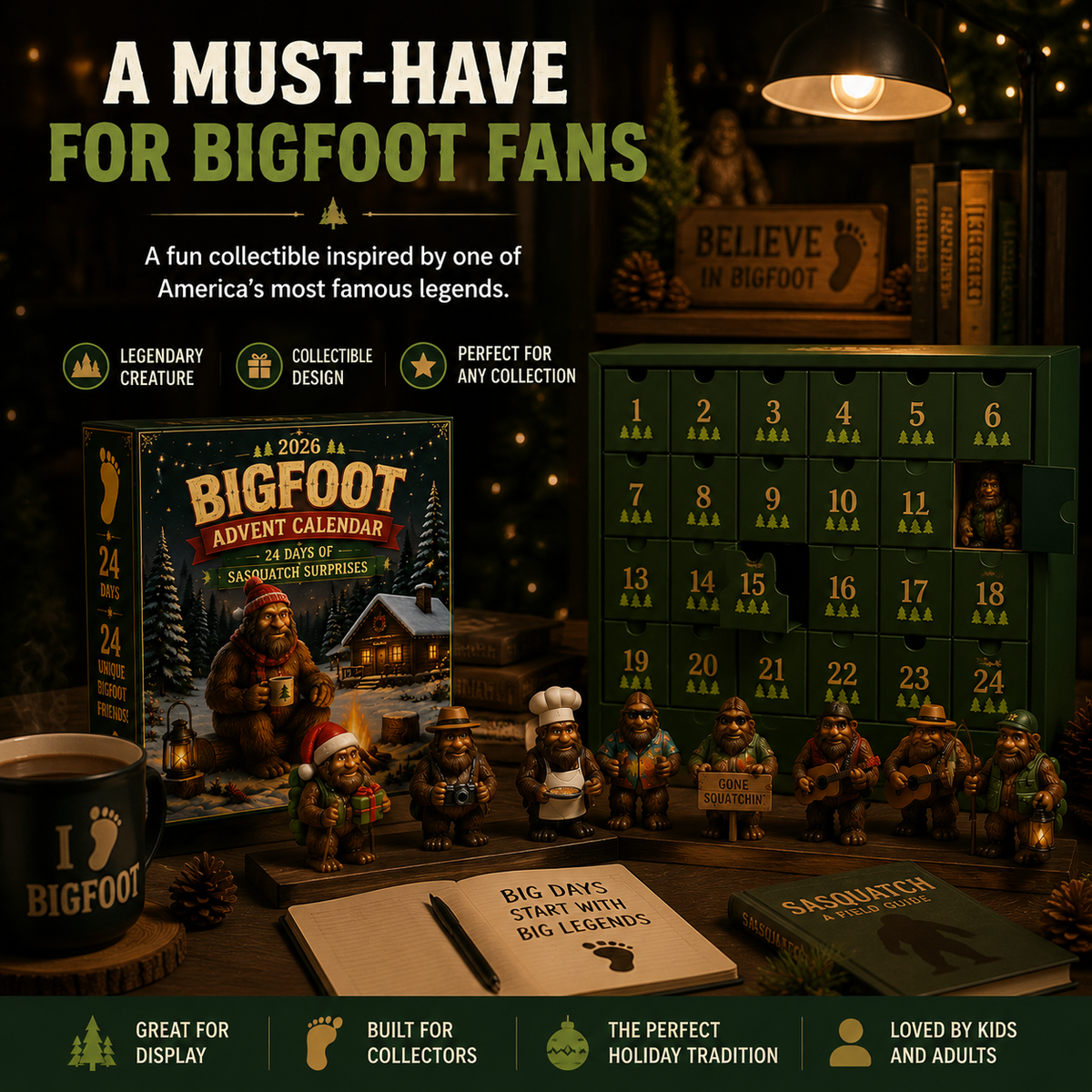 Bergolo | Advent Calendar with 24 Collectible Bigfoot Figures to Display