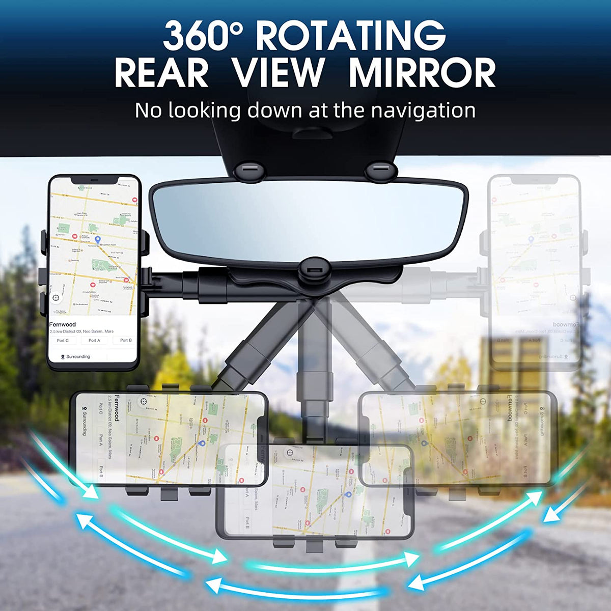 Mirrova | 360° drehbare Handyhalterung für den Rückspiegel, bis 6,5 Zoll