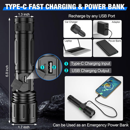 Lumbrax | LED Taschenlampe zoombar mit USB-C Akku, 5 Modi und Akkuanzeige