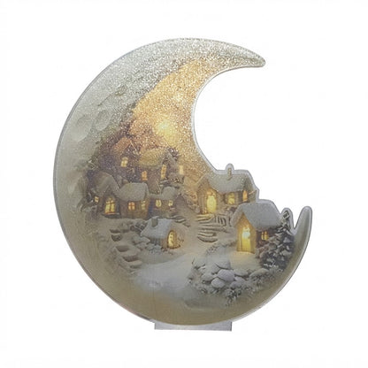 Lunivra | Adorno de pueblo invernal de acrílico, luna creciente 20 × 17 cm