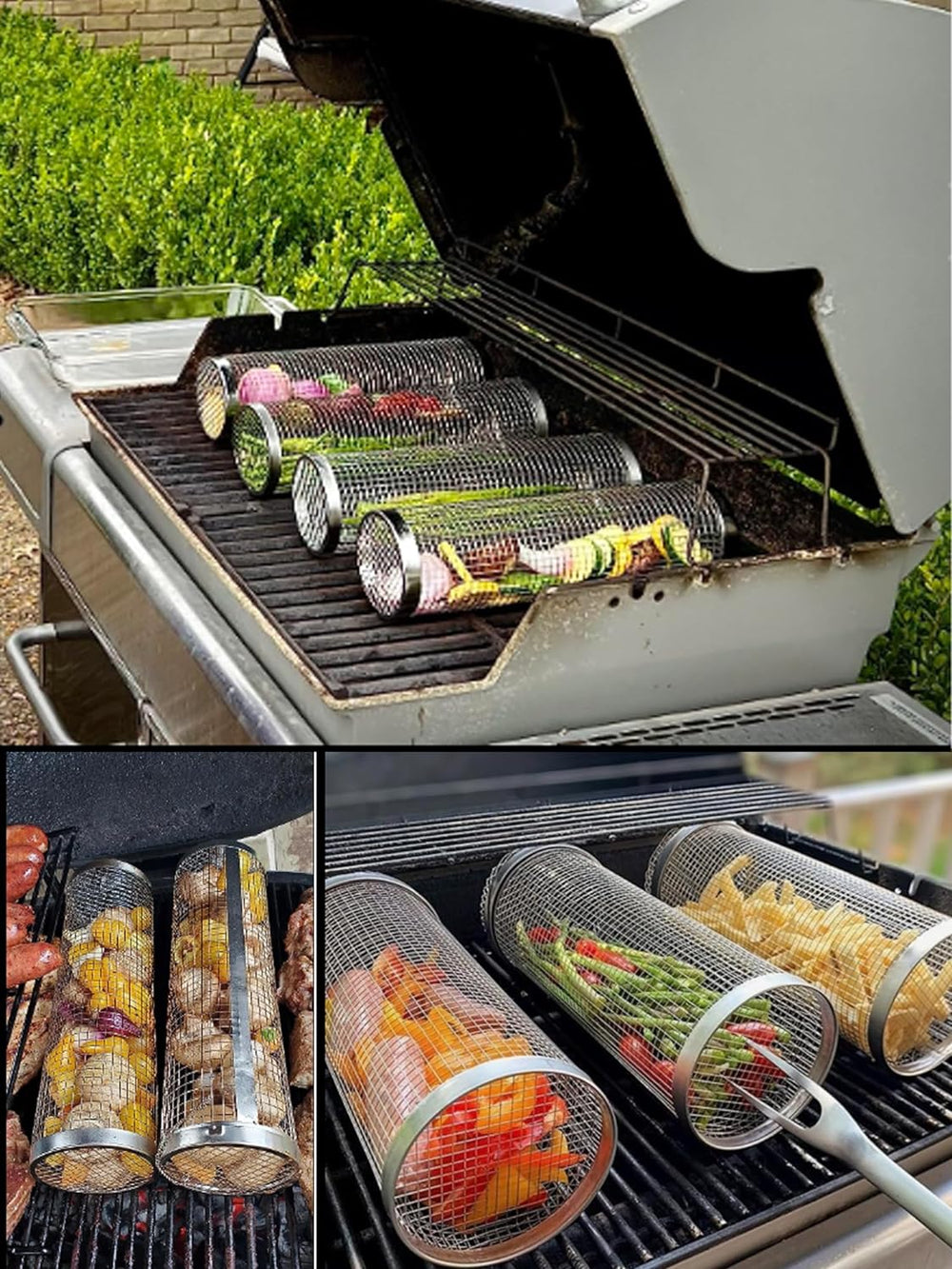 GrillSpinz Set 2 tamburi BBQ | Cestello rotante in acciaio inox per verdure, carne e frutti di mare