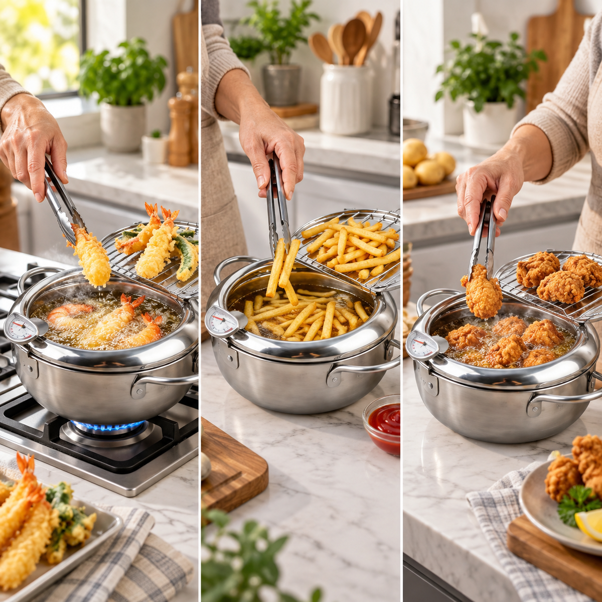 Fritora | Freidora de acero inoxidable con termómetro y rejilla, 2,2 L