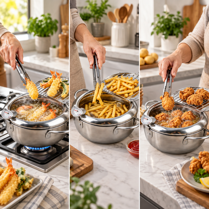 Fritora | Freidora de acero inoxidable con termómetro y rejilla, 2,2 L