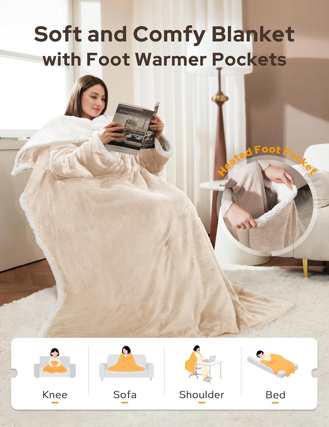 Wohlvara | Coperta elettrica con tasca per i piedi, 3 livelli di riscaldamento e spegnimento automatico