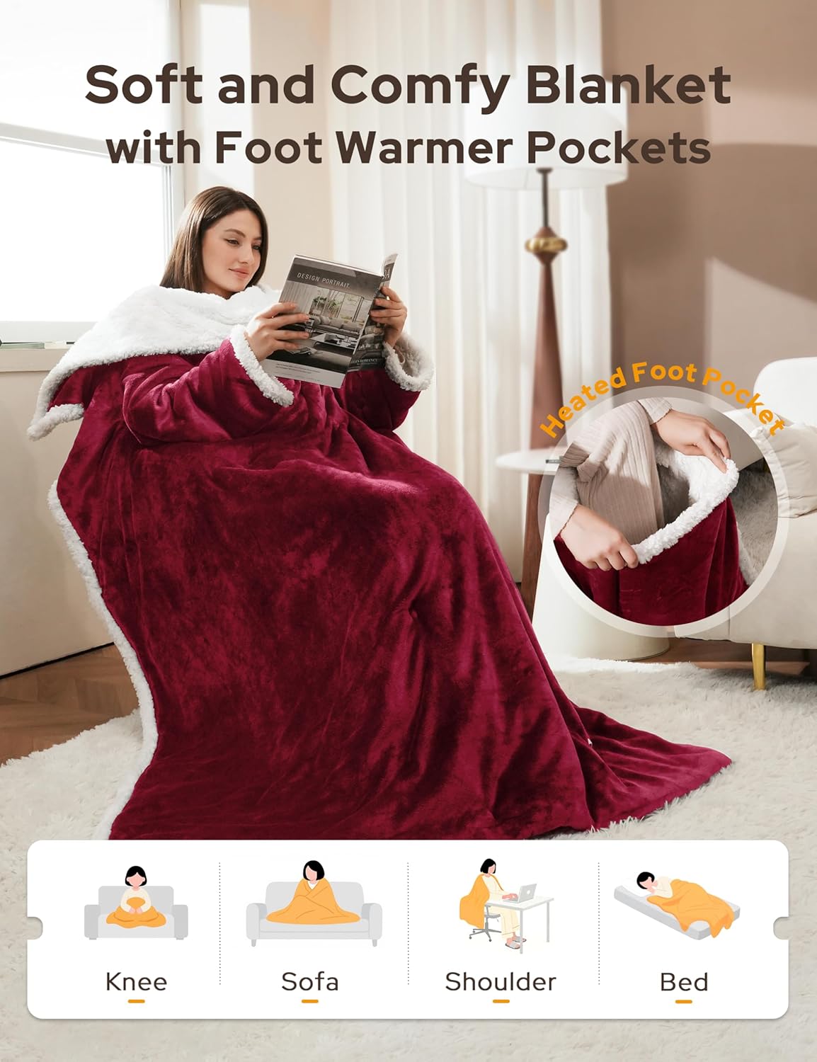 Wohlvara | Coperta elettrica con tasca per i piedi, 3 livelli di riscaldamento e spegnimento automatico