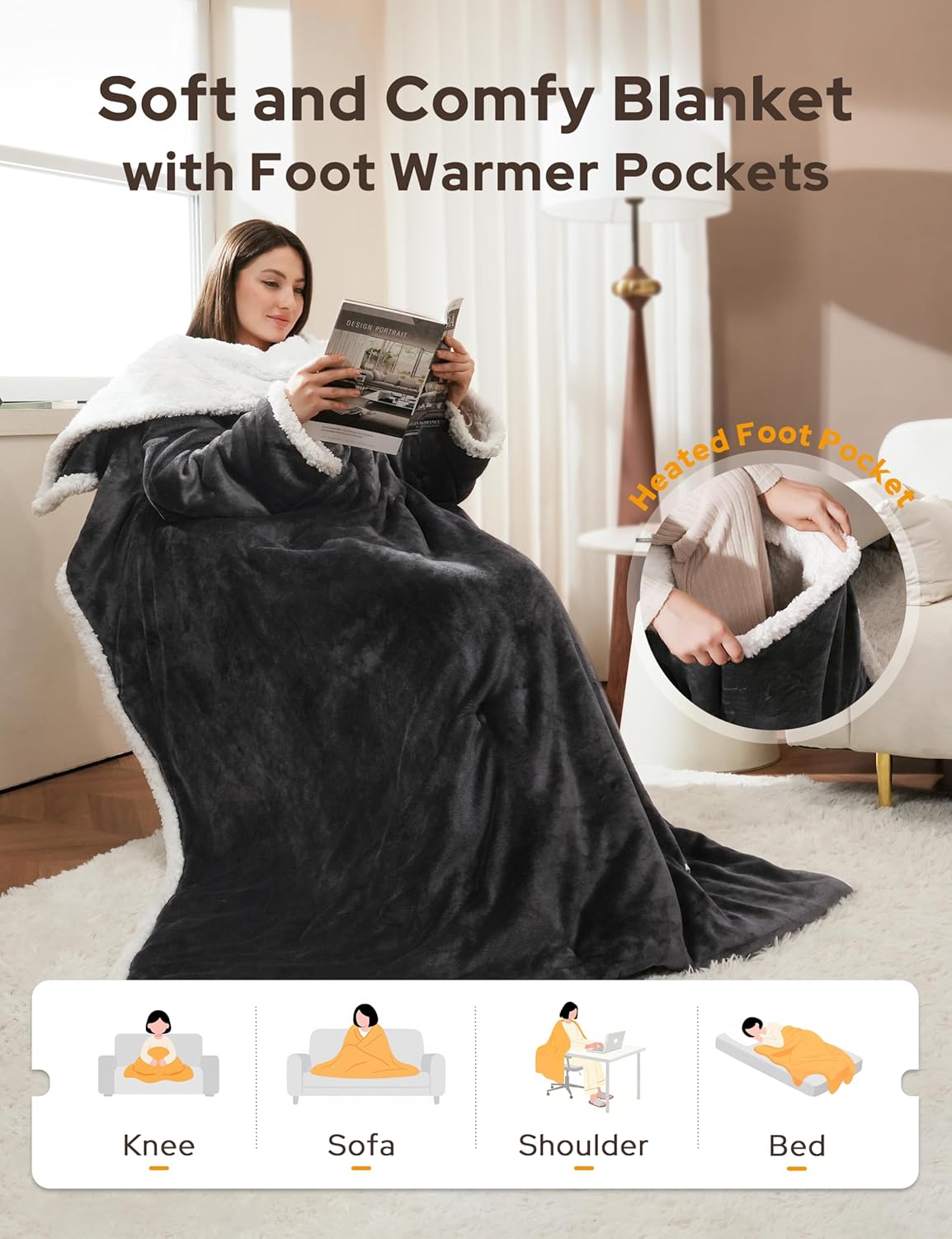 Wohlvara | Coperta elettrica con tasca per i piedi, 3 livelli di riscaldamento e spegnimento automatico