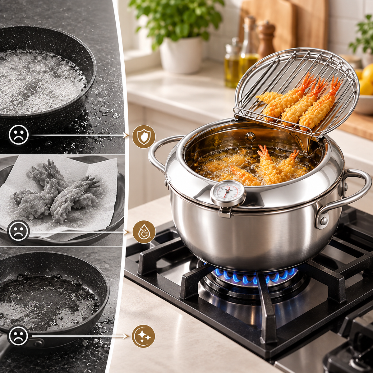 Fritora | Freidora de acero inoxidable con termómetro y rejilla, 2,2 L