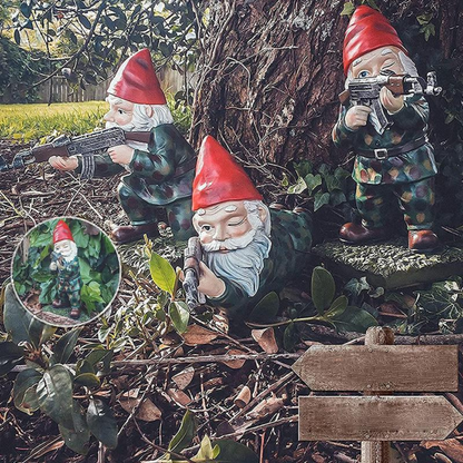 Nano da giardino militare | Nano in uniforme mimetica | Figura da giardino resistente alle intemperie | Resina
